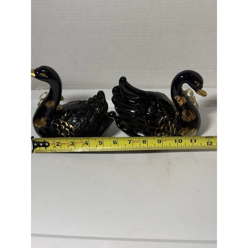 VTG Black Gold Ceramic Swans Set Animal Figurines Made In Taiwan 5
